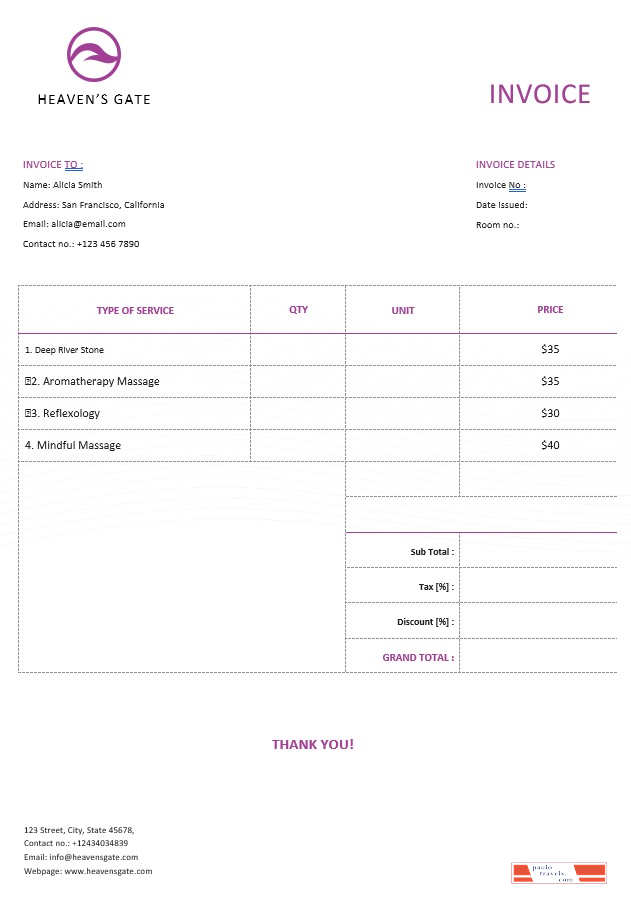 Free Massage Invoice Template PSD template